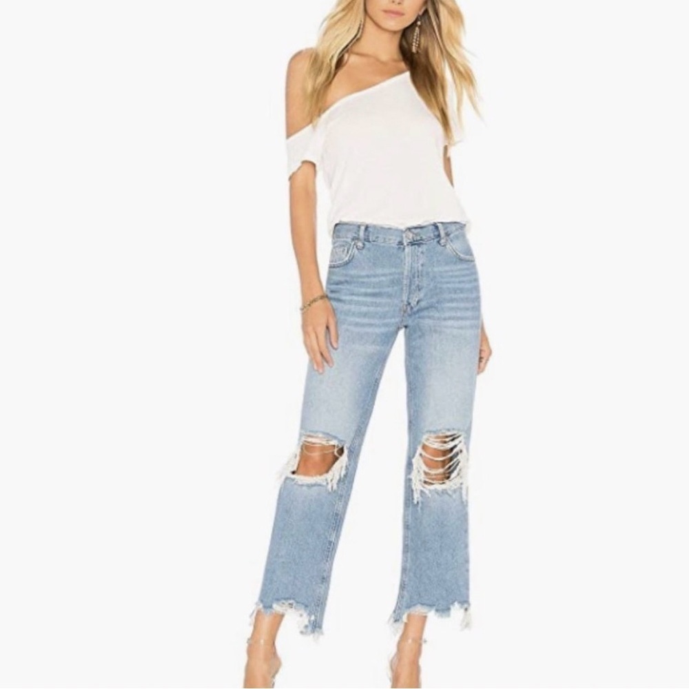 FREE PEOPLE Maggie Mid Rise Distressed Straight Leg Jeans Sz 28 Retro Button Fly